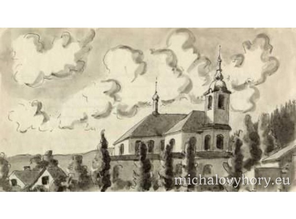 Opět kostel, tady zespoda od silnice, vpravo dole roh školy