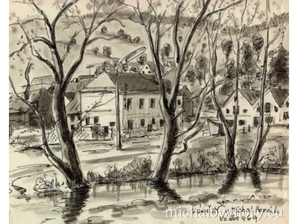 Náměstí s hospodou - kulturákem, potok je ve skutečnosti mnohem níž